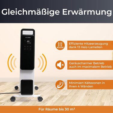 KLAMER Oil Radiator 2500 W, Electric Heater, Energy-Saving, 13 Fins, 3 Heating Levels with Eco Mode, 24h Timer, Thermostat, Overheat & Tip-Over Protection, with Remote Control, for Indoor Use, White/Weiss