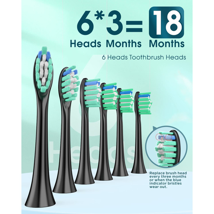 Електрична зубна щітка для дорослих з 6 насадками, перезаряджувана звукова щітка, чорна (1 шт.)