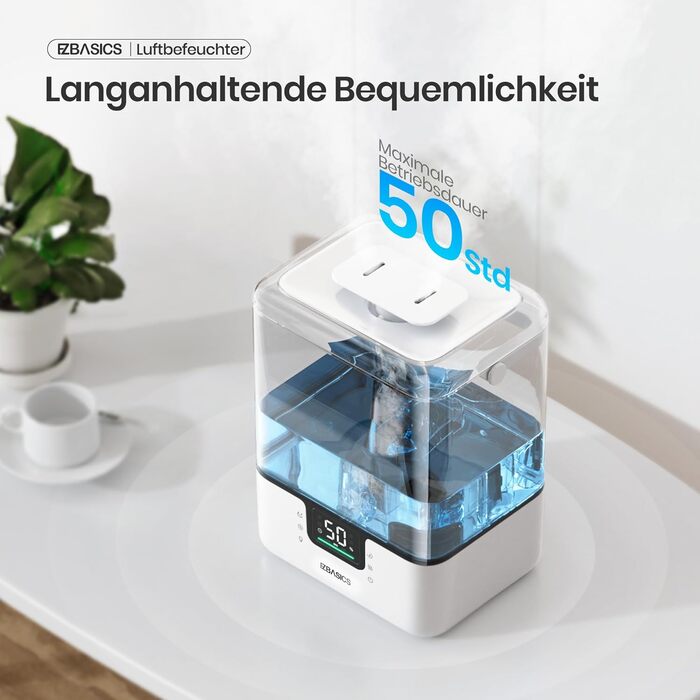 Зволожувач повітря EZBASICS Smart з верхнім заповненням 6L, 360° поворотна насадка, зволожувач та аромадифузор для дитячої кімнати, рослин, з програмою та голосовим керуванням, 1 упаковка + 7 нічників