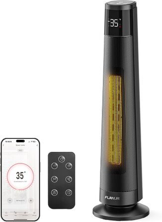 Електричний обігрівач PTC 2000W з керамічним нагрівачем, тихий, з термостатом та пультом керування, ECO режим, 70° осциляція, 12h таймер, захист від перегріву та перекидання, чорний, 1 шт.