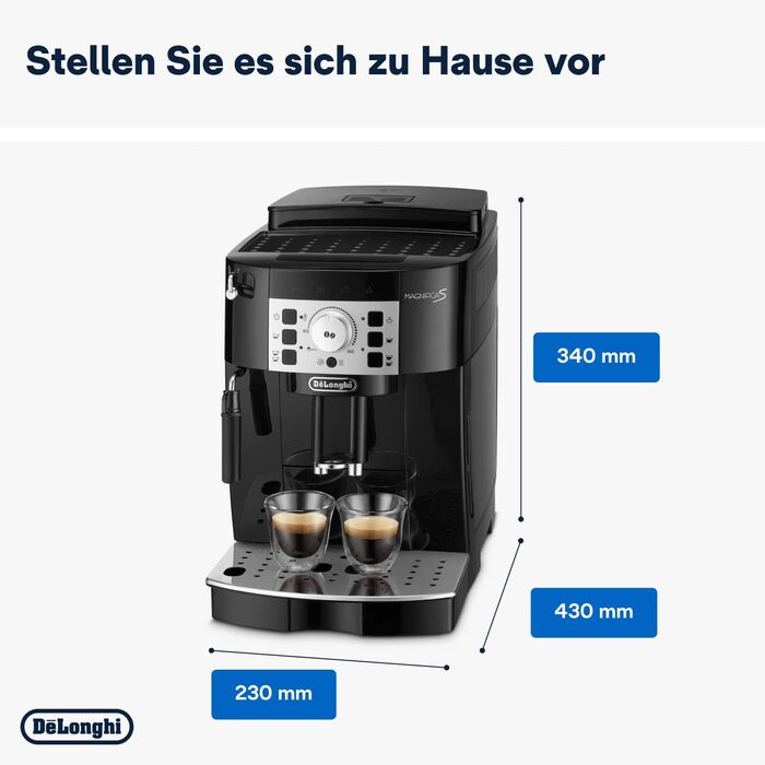 De'Longhi Magnifica S ECAM 22.110.B Fully Automatic Coffee Machine with Milk Frother for Cappuccino, featuring Espresso Direct Select Buttons and a Rotary Control, 2-Cup Function, 1.8 Liter Water Tank, Black/Silver with Chrome Finish
