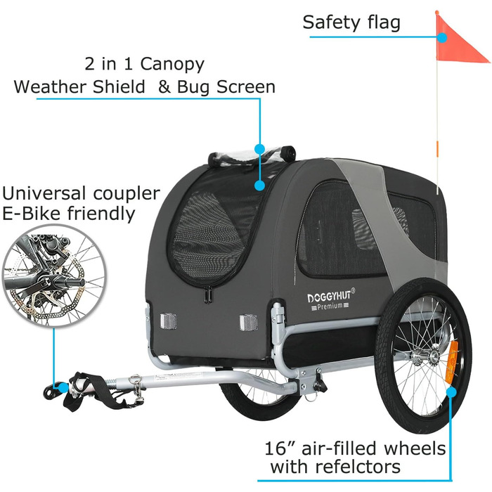DOGGYHUT® Преміум велосипедний причіп для собак середнього розміру до 23 кг, складаний (сірий)