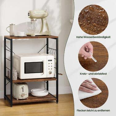 Kitchen Shelf, Microwave Shelf with 4 Hooks, Baking Shelf with 3 Tiers, Storage Shelf for Kitchen, Cafe, Living Room, Bathroom, 60 x 82 x 40 cm, Vintage Wood Look + Black