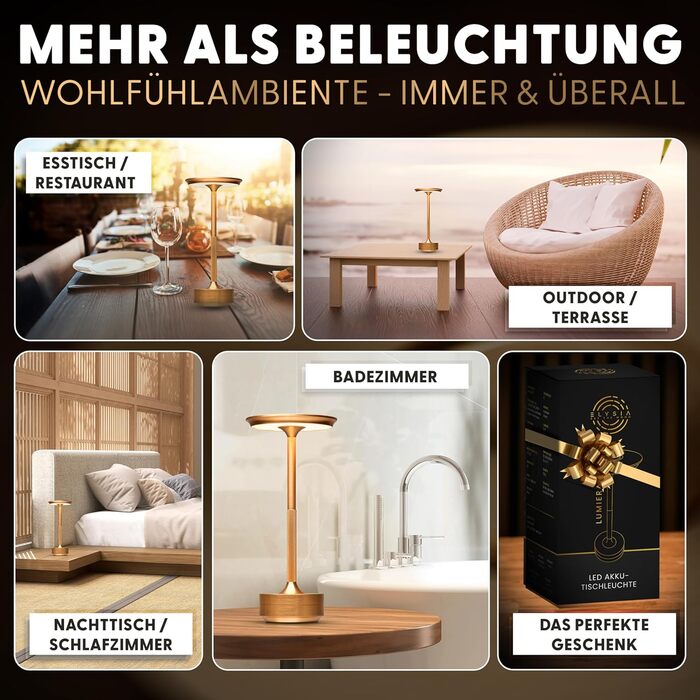 Настільна світлодіодна лампа ELYSIA з акумулятором, диммер, бездротова, сенсорна, IP54 (внутрішнє/зовнішнє), тепле світло (2200K-2700K-3200K), USB-C, алюміній, золота