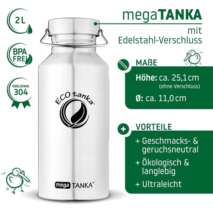 ECOtanka 2.0 Liter megaTANKA™ Stainless Steel Water Bottle - Stainless Steel Cap - Sustainable Water Bottle for Sports, Outdoor Activities, Fitness, BPA-Free, Leak-Proof, Made to Last