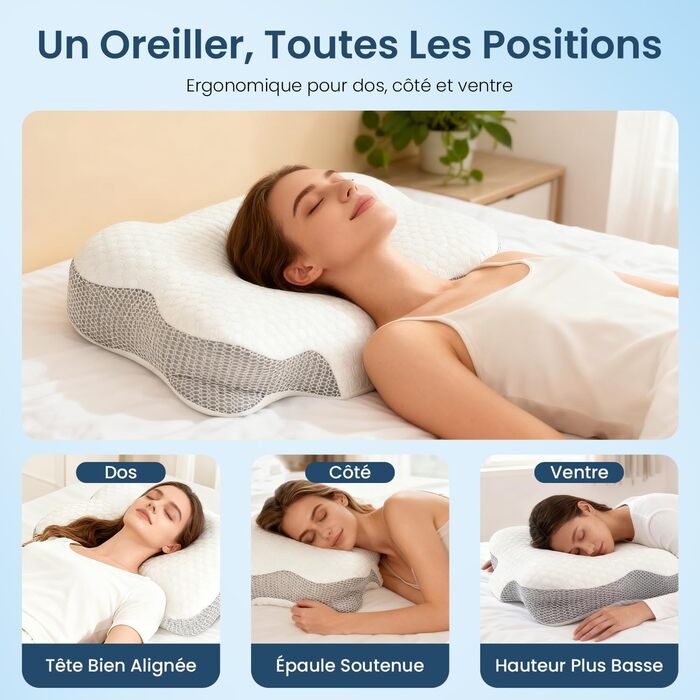 Подушка для шиї з ефектом пам'яті Memory Foam, анатомічна для сну на боці та спині, бежева
