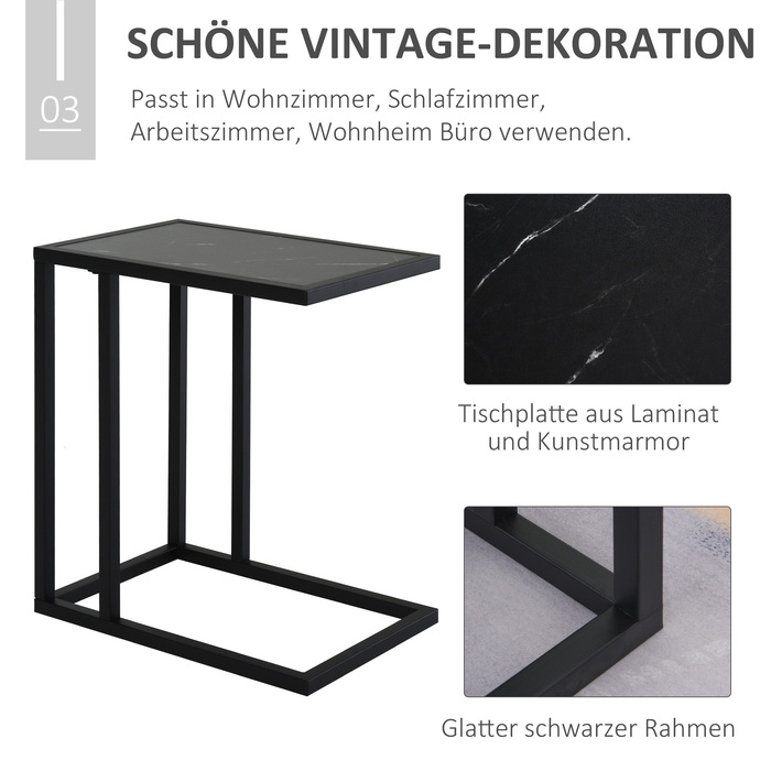 HOMCOM Side Table, Coffee Table with Marble Look, Coffee Table with Metal Frame, for Living Room, Bedroom, 45 x 30 x 51.5 cm Black | Aosom