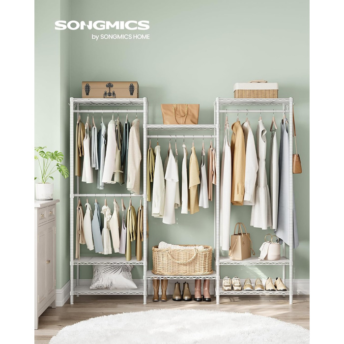 SONGMICS Clothes Rack, Open Wardrobe, Metal Coat Rack, Coat Stand with Adjustable Shelves and Clothes Rails, Hooks, High Load Capacity, Detachable, Cloud White LGR431W01