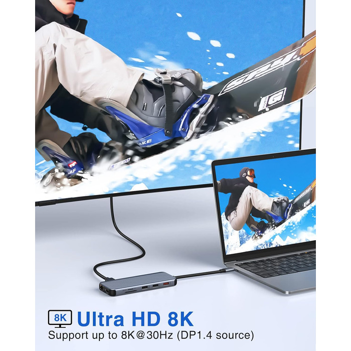 LIONWEI UC3703 Док-станція: Dual DP, Triple Display, USB-хаб 12-в-1 з 8K HDMI, 2 x USB 3.1, 100W PD, Ethernet, SD/TF-кардридер (сірий)