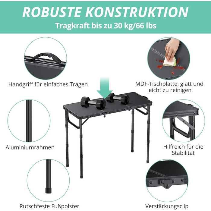 VINTEAM Складаний туристичний стіл 87x40 см, 3-х рівневий, регульована висота, алюміній, для кемпінгу, барбекю, пікніка, саду. MDF