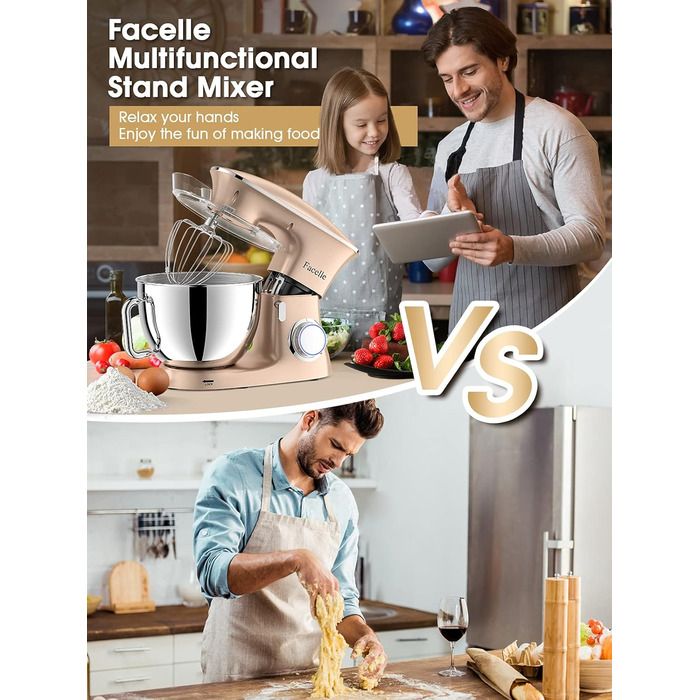 Facelle 2000W 8.5L Stand Mixer - Dough & Cake Mixer with Whisk, Dough Hook, Beater & Splash Guard for Baking, Cakes, Cookies, Kneading, 6+ Speed - Champagne Color