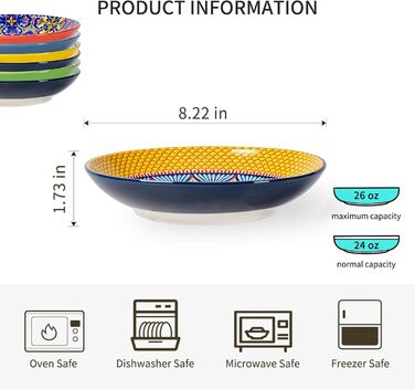 HENXFEN Набір супових тарілок з порцеляни, 700мл, 6 шт. Яскраві тарілки для супу, пасти, салату, фруктів - Богемний стиль