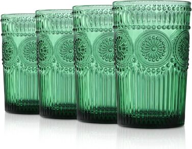 Joeyan 350ml Green Drinking Glasses Embossed with Sunflower Patterns, Vintage Colored Glasses Dishwasher Safe, 4-Piece Set of Colorful Glass Water Glasses for Juice, Drinks, and Cocktails