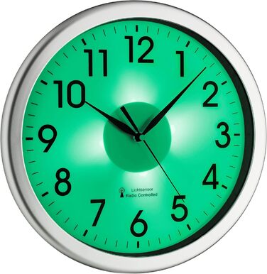 TFA Dostmann Analog Radio Wall Clock, 60.3519.02, with green backlight, quiet movement, radio clock plastic, silver, L 308 x W 43 x H 308 mm