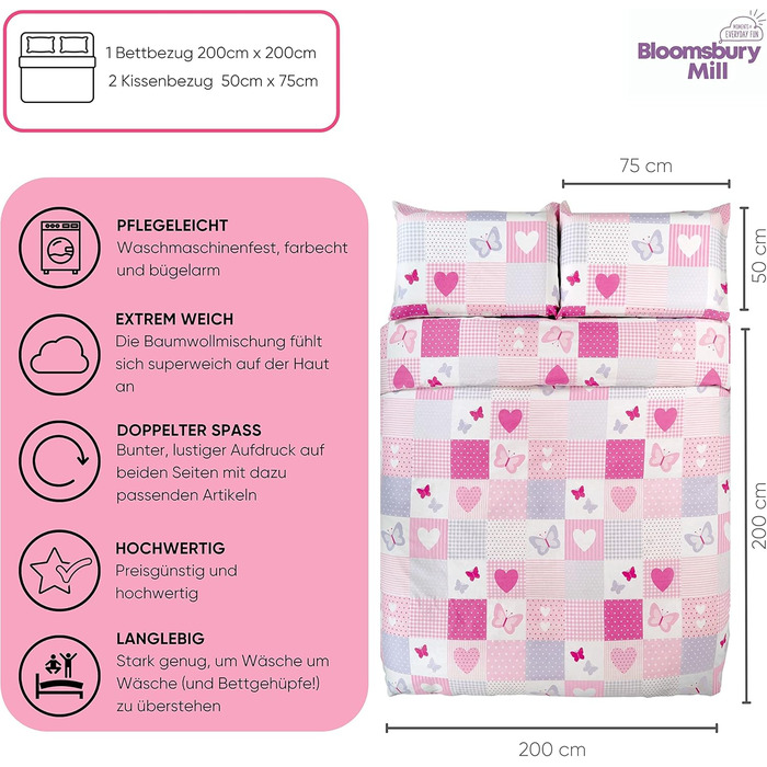 Дитяча постільна білизна Bloomsbury Mill 135x200 - Комплект постільної білизни для дівчаток з принцесами та весельками - Рожево-ліловий комплект для односпального ліжка (200x200 см, Патчворк)