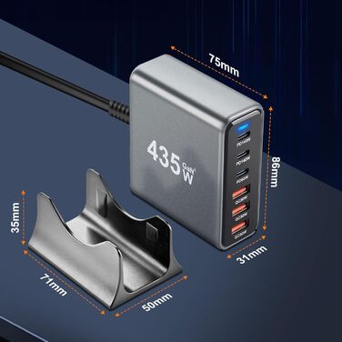 Зарядний пристрій USB-C 435W, 6 портів: швидка зарядка для MacBook Pro/Air, iPad Pro/Air, Samsung та інших – чорний