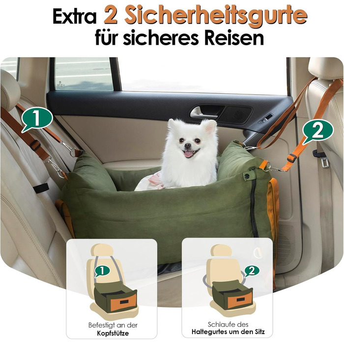 Small & Medium Dog Car Seat - Portable Pet Carrier with Extendable Bed, Washable Travel Dog Bed with Storage Pockets & Safety Belt - Green