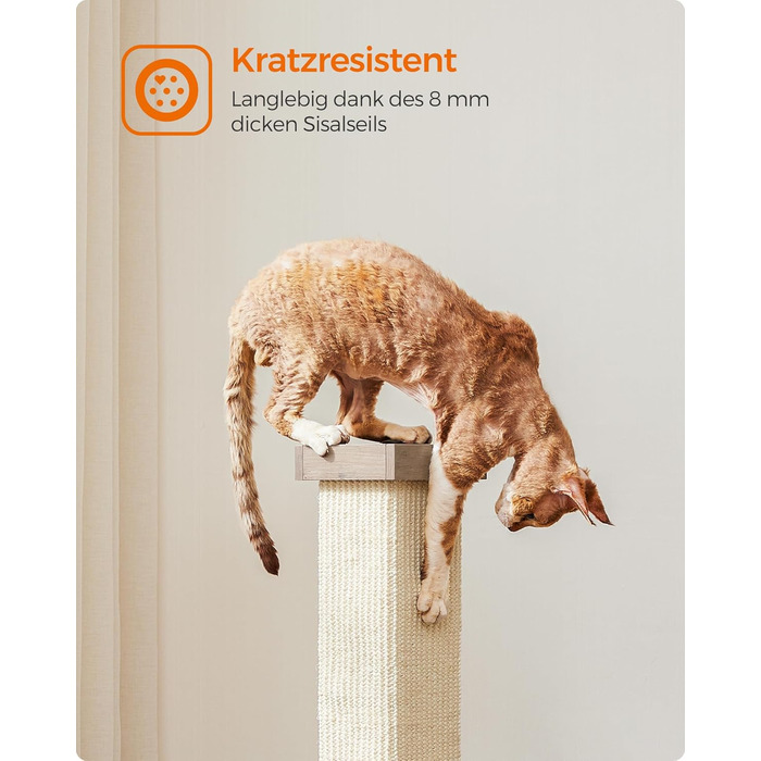 Feandrea Scratching Post, Scratching Trunk, Cat Tree, 10 cm Thick Trunk, Scratching Column Made of Natural Sisal Rope, 73 cm High, with Plush Play Ball, Furniture Scratch Protector, Greige PCA021G01