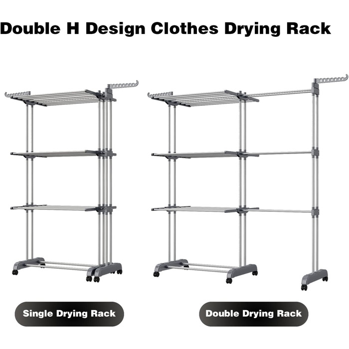 Сушарка для білизни 3-ярусна, турбо-тип, 75-200 см, висувна, з 2 обертовими крилами, висота 180 см, економна, на колесах, для квартири, балкону та саду (сіра)