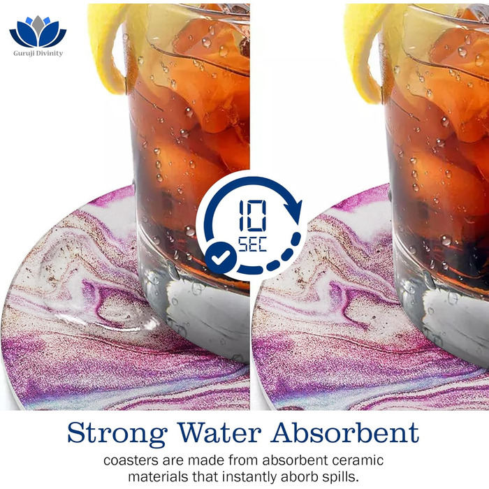 Guruji Divinity Absorbent Ceramic Stone Coasters, Set of 6, with Cork Bottom, Fun Drink Coasters with Holder for Cold Drinks, Wine Glasses and Cups, Table Protection, 4 inches (purple)