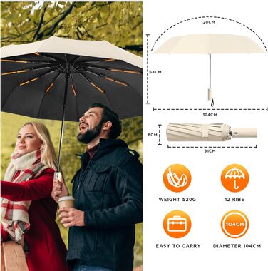 Складаний туристичний парасолька, вітростійка, автоматичне відкриття/закриття, 24 посилені ребра з фібергласу, захист від УФ-променів, легка та портативна, для дощу та сонячної погоди, білий колір