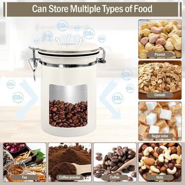 Герметичний контейнер для кави з нержавіючої сталі 1,8л з випускним клапаном, Vorratsdose для кавових зерен, горіхів, какао (Бежевий/Білий)