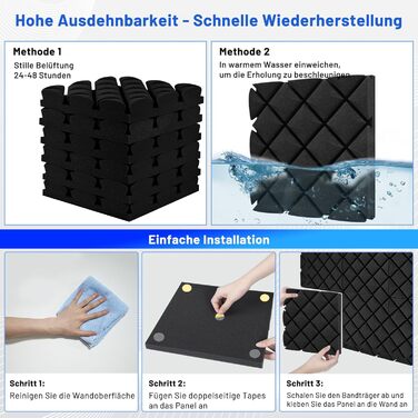 Акустичний поролон для звукоізоляції, шумопоглинаючі панелі 30x30x7.5 см, самоклеючі звукоізоляційні плити (24 шт) + 150 двосторонніх клейких подушок