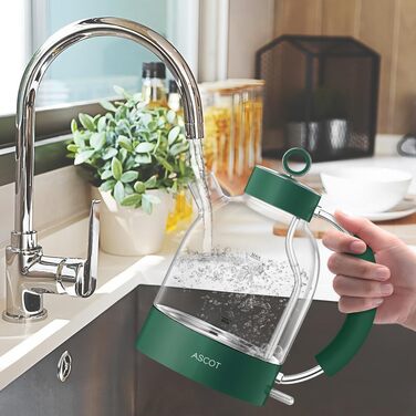 Електричний чайник ASCOT зі скла та нержавіючої сталі, 2200W, 1.5L, без BPA, тихий, швидкий, бездротовий, з захистом від сухого кипіння та автовимкнення, білий (Смарагдовий)