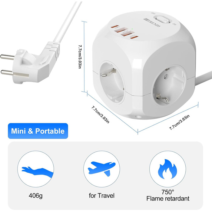 Блок розеток з USB-C, 4 розетки, плоский штекер, індивідуальне вмикання, багаторозетка-куб з 2м плетеним кабелем для офісу, дому, подорожей - білий 002-MF (4 розетки 2м)