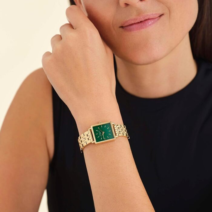 Жіночий годинник Rosefield Boxy XS з білим циферблатом Sunray, золотистий корпус та зелений ремінець, 22x24 мм