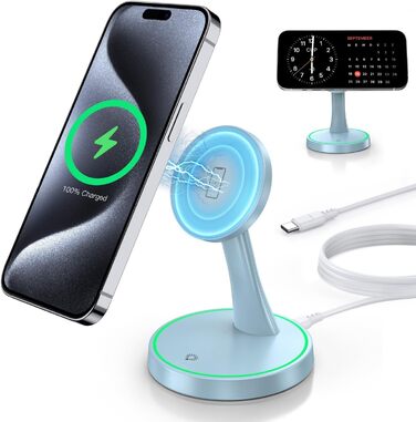 Бездротова зарядка MagSafe OANDYS 2-в-1 15W для iPhone 17/16/15/14/13/12 та AirPods, нічна лампа блакитна