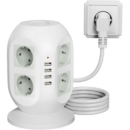 Розподільник розеток COLSTAR з 4 USB, 8 розеток, захист від перенапруги, 2м кабель, для дому та офісу (білий)