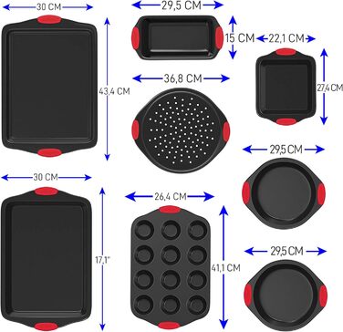 Набір форм для випічки NutriChef 8 шт. з антипригарним покриттям, включає: кексова форма, форма для піци, роз'ємна форма та інше. Підходить для духовки, миється в посудомийній машині, можна складати. Без PFOA, PFOS та PTFE.