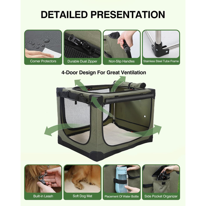 Складана переноска для собак середніх порід, 76x54x54 см, зелена. Зручна переноска для транспортування в авто, з міцною сіткою та м'якою підстилкою для дому та подорожей.