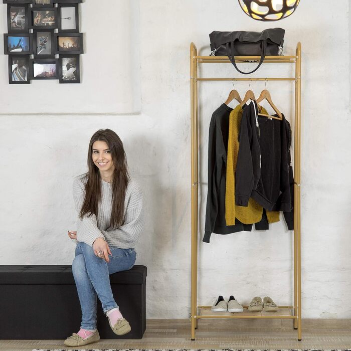 Relaxdays Clothes Rack with Shelf SANDRA, Metal, Coat Stand, with Clothes Rail, Shoe Storage also for Boots, HBT: 166 x 60.5 x 38 cm, honey-brown, Honey Brown