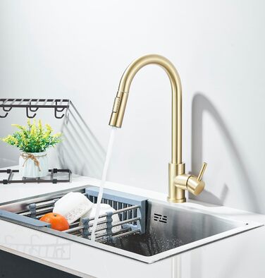 Кухонний змішувач з двома виливами, поворотний на 360°, з високим виливом та спіральною голкою, з нержавіючої сталі (золотий)