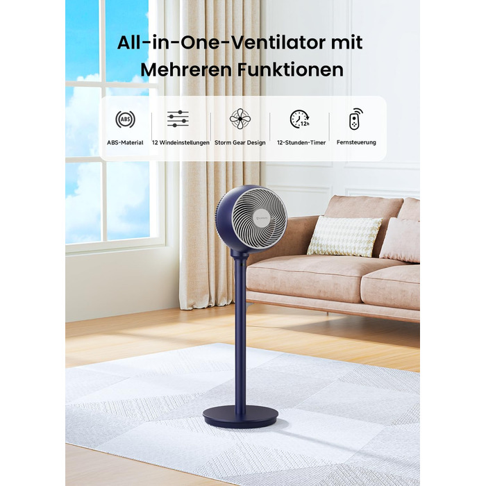 Вентилятор AIRMATE 25dB з підставкою, тихий, висока потужність 26 м, 1600 м³/год, регульована висота, з пультом керування, 3 режими/12 швидкостей/12 таймер