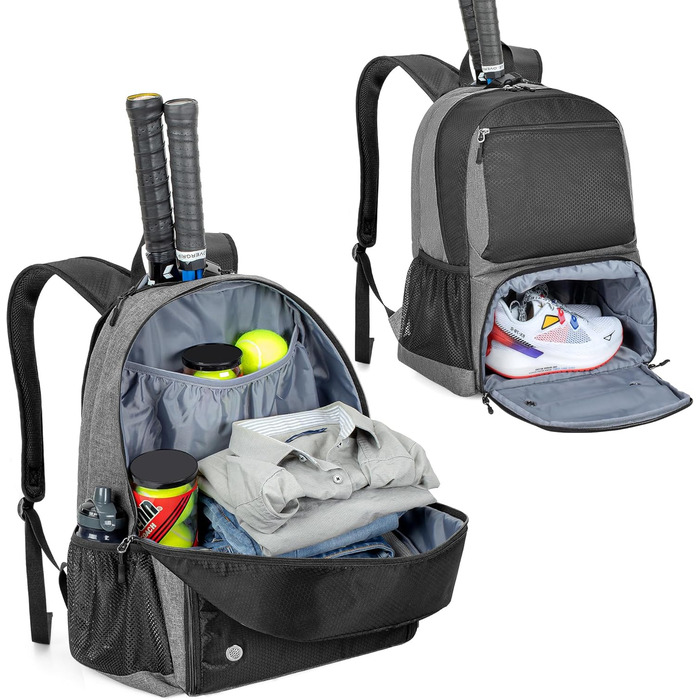 Рюкзак для тенісу DSLEAF з відділенням для взуття, сумка для 2 ракет, з м'якими лямками, сітчасте вентильоване відділення для взуття, для жінок та чоловіків (Сірий)