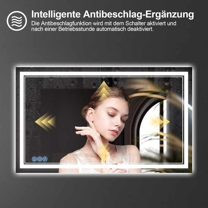 Дзеркало для ванної кімнати з підсвічуванням 100x60 см Faw Halo Double, HD скло, сенсорні кнопки, IP65, 3 кольори, вертикальна/горизонтальна орієнтація, функція пам'яті