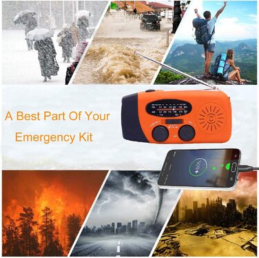 Радіо Solar Radio: портативне радіо з ручним приводом, динамо, AM/FM, 2000mAh Powerbank, ліхтарик LED, зарядка USB для мобільного телефону, для кемпінгу та відпочинку на природі, оранжевий колір