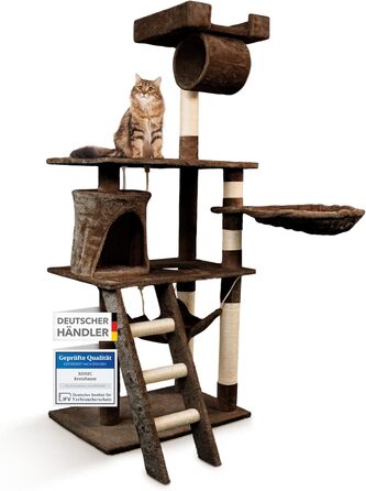 Кігтеточка для котів Foxdevil від xonic® - стабільна, багатофункціональна, з платформою, гамаком, будиночком, іграшкою, 141 см (Коричнева V1)