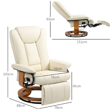HOMCOM Reclining Swivel Armchair, TV Chair with Reclining Function and Footrest up to 150 kg, Faux Leather in Cream White for Living Room