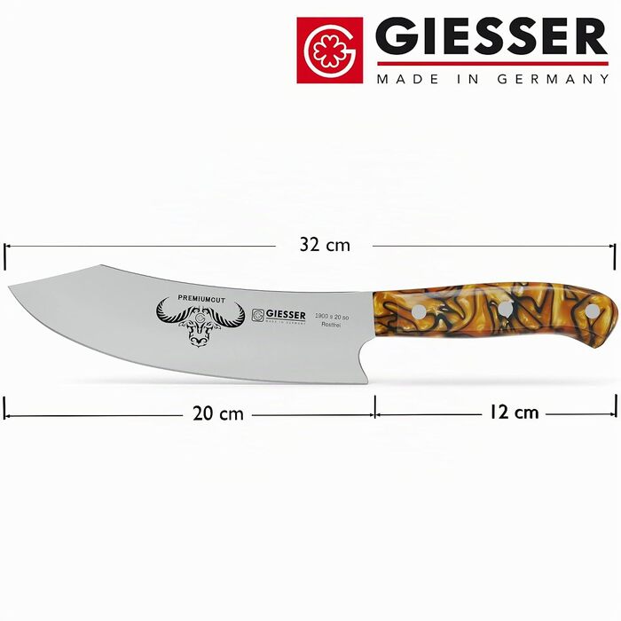Кухонний ніж шеф-кухаря Giesser PremiumCut Chefs No 1, 20 см, Spicy Orange, нержавіюча сталь, професійний ніж для м'яса та овочів, Made in Germany