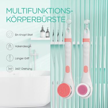 VOYOR Back Brush Shower Brush Body Brush Electric Back Scrubber with Long Handle Waterproof Rechargeable with 4 Cleaning Heads for Spa Shower Exfoliating Massage Brush BC100 (Pink)