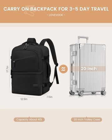 LOVEVOOK Рюкзак для ручної поклажі 40L, для подорожей, з відділенням для мокрого та сухого, для ноутбука 17.3 дюймів, чорний