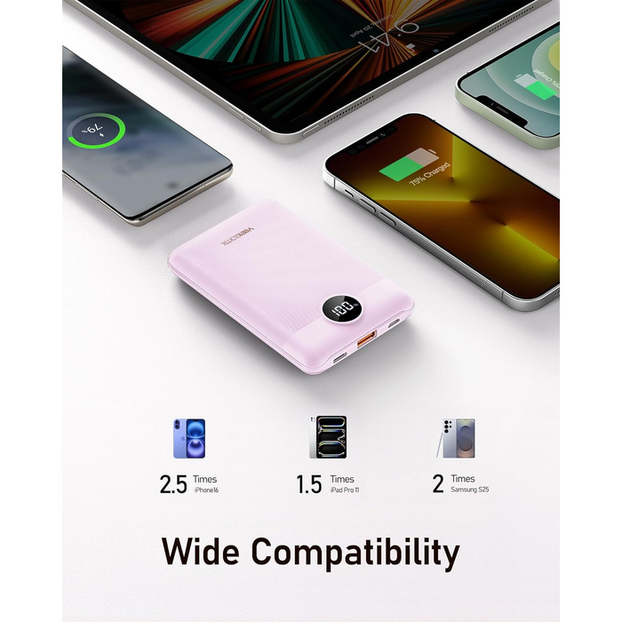 Powerbank VEEKTOMX 10000mAh з підтримкою PD3.0 та QC3.0: компактний зовнішній акумулятор для iPhone, iPad, Samsung Galaxy, Huawei, Xiaomi, OnePlus та інших пристроїв. Білий (лавандово-фіолетовий)