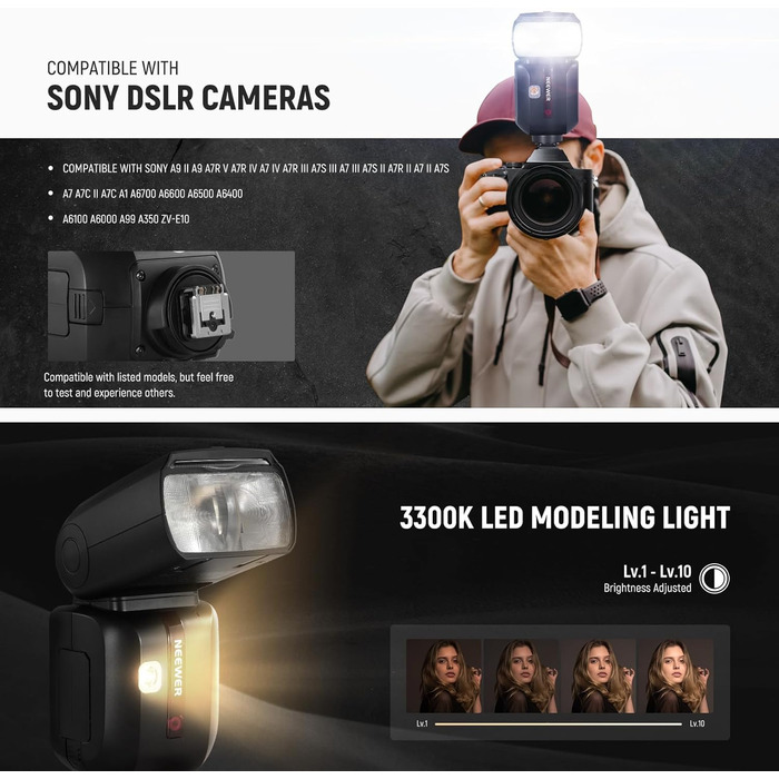 NEEWER Z880-C: Світловий спалах Speedlite для Canon з моделюючим світлом, TTL/M, HSS 1/8000s, акумулятор 7.2V/3000mAh