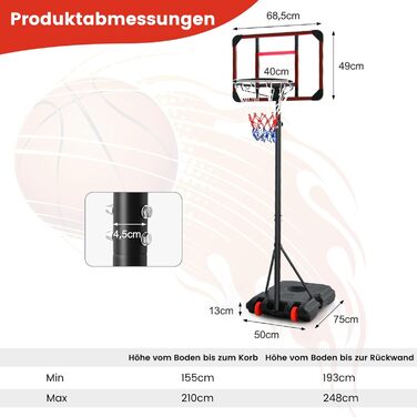 COSTWAY Adjustable Height Basketball Hoop System - Mobile Outdoor Basketball Stand with PC Backboard and Wheels (155-210cm)