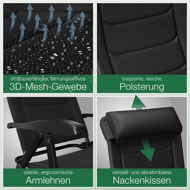 ELONEO Folding Camping Chair with Removable Footrest, Folding Chair Made of Aluminum, Folding Garden Chair, Reclining Chair with Adjustable Backrest, Camping Chair (Folding Chair with Footrest (with Premium Cushion), Black)