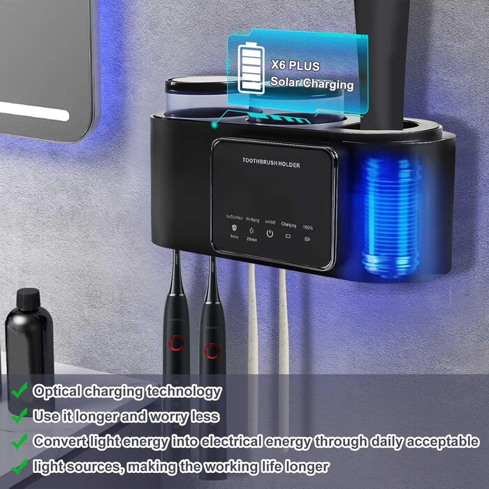 Toothbrush Holder Black, Holder for UV Toothbrush Sanitizer Wall Toothbrush Holder for 5 Toothbrushes, Drying and Cleaning Function for Toothbrushes